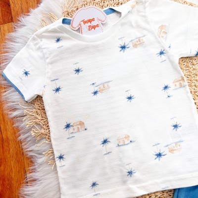  Conj. Camiseta Coqueiros e Bermuda - Off White e Azul Jeans
